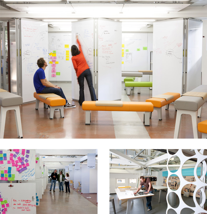 Views of the flexible spaces within the Hasso Plattner Institute of Design at Stanford, or "d.school" as it is commonly referred to.  (Photos by Noah Webb)
