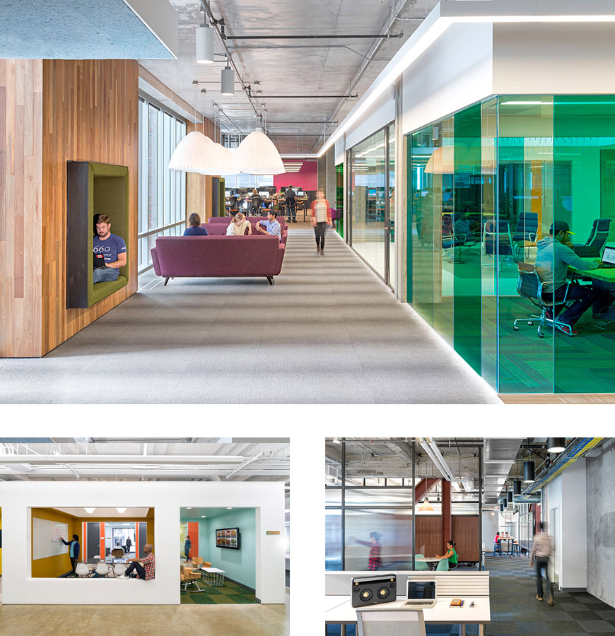 The O+A-designed offices of Cisco, Yelp, and Open Table (clockwise, from top).  (Photos by Jasper Sanidad)