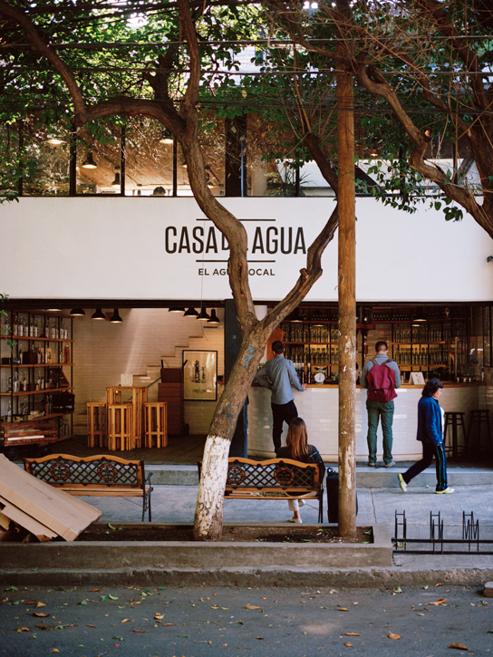 Héctor Esrawe and Ignacio Cadena created the interior and branding concept for the high-concept watering hole, Casa del Agua, which serves up super pure or herbal-infused rainwater, collected right on site. 