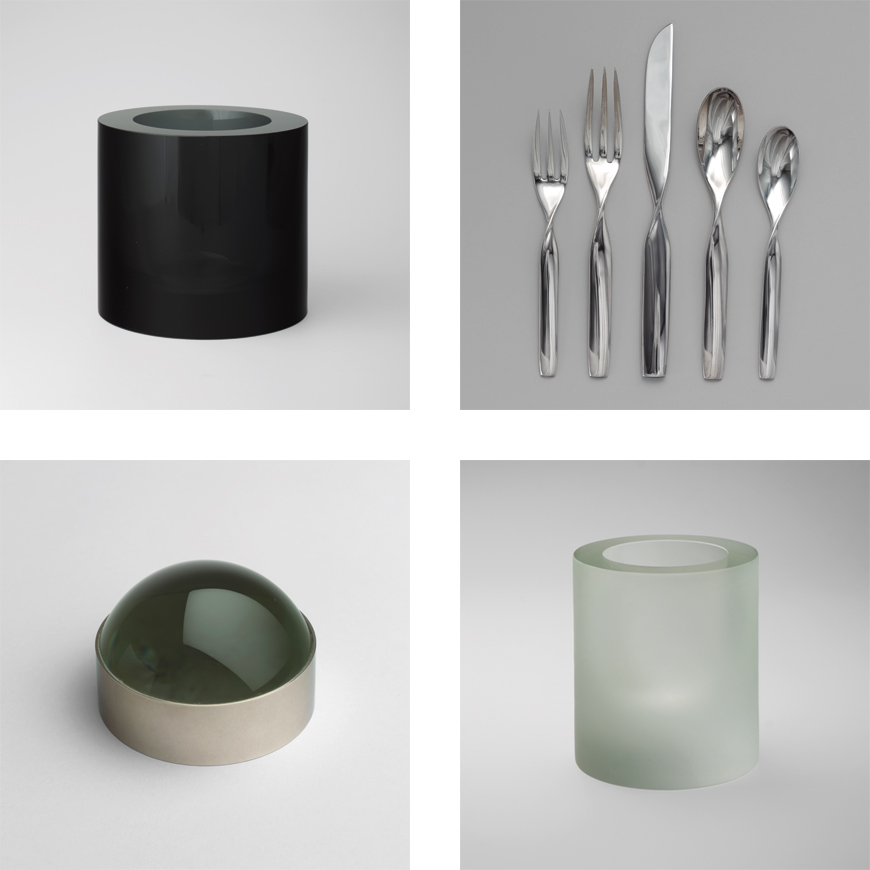  A number of pieces from Ward Bennett's portfolio are part of the permanent collection at MoMA, including a variety of tabletop objects. Clockwise from top left: a black crystal vase for Salviati & C, 1965; stainless steel Double Helix Flatware for Sasaki, Japan, 1985; A lens glass and nickel paperweight for Hermes, 1955; a crystal vase for Salviati & C, 1960. © The Museum of Modern Art/Licensed by SCALA / Art Resource, NY