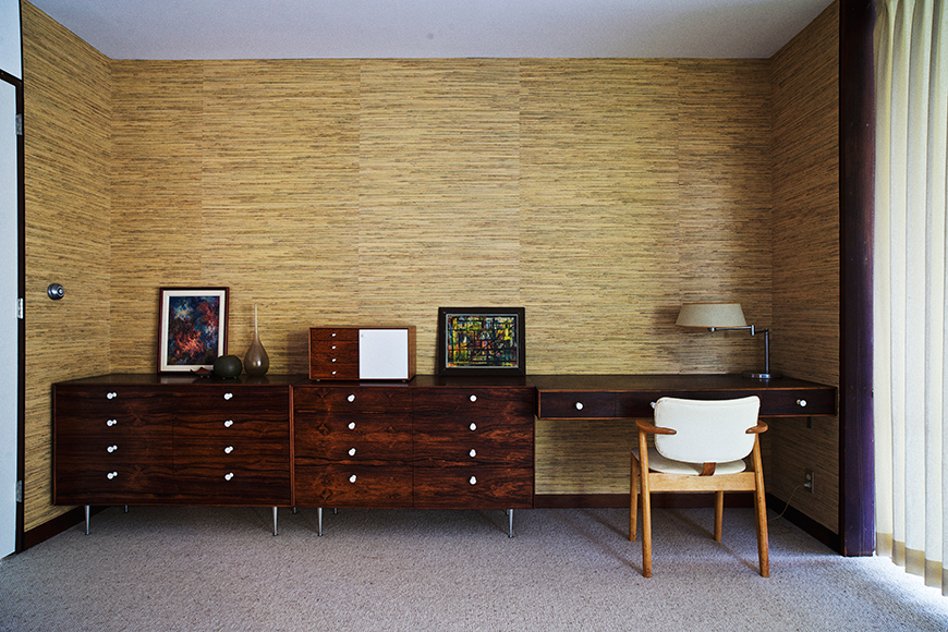 Vintage rosewood Thin Edge cabinets and a custom floating desk line one wall of the master bedroom. The Nelson Miniature Chest was the first vintage Herman Miller piece Corner collected. "I couldn't afford it at the time, but I just had to have it," he recalls of the late 1980's purchase.